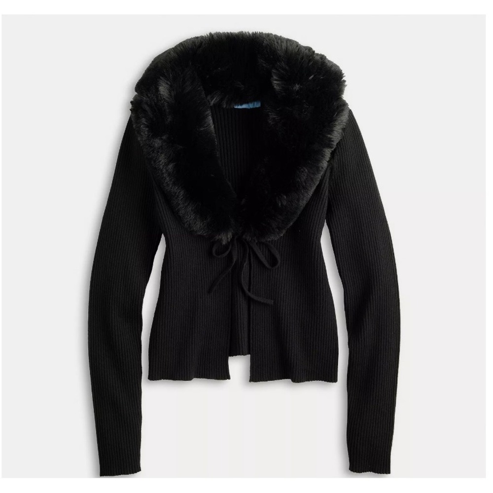 Draper James RSVP Tie Front Cardigan Faux Fur Collar Black Medium